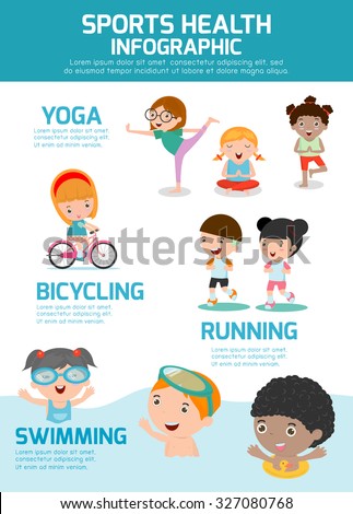 Sports Health Infographics, Sports Health concept people exercise set , swimming,cycling, running, yoga. kids sports health, child sports health, vector illustration.