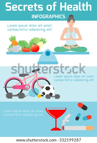 secrets of health ,health tips for you,yoga,exercise, healthy foods, meditating, banner header, healthcare concept, elements infographic, vector flat modern icons design vector illustration.