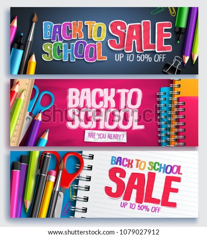 Back to school sale and education discount promotion background vector banner set with sale text and school items in colorful backgrounds. Vector illustration.