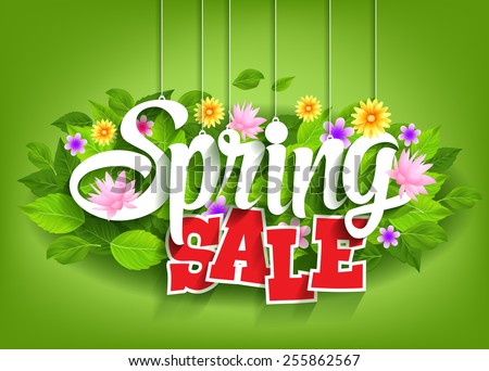 Spring Sale Word Hanging on Leaves with Strings. Vector Illustration