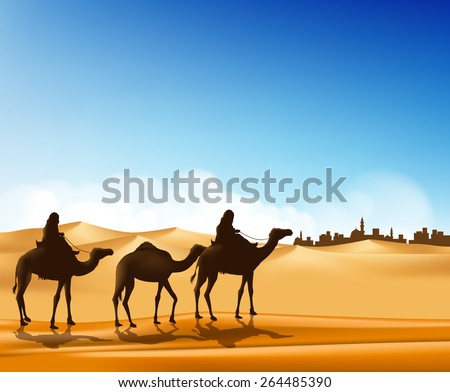 Group of Arab People with Camels Caravan Riding in Realistic Wide Desert Sands in Middle East Going to a City. Editable Vector Illustration