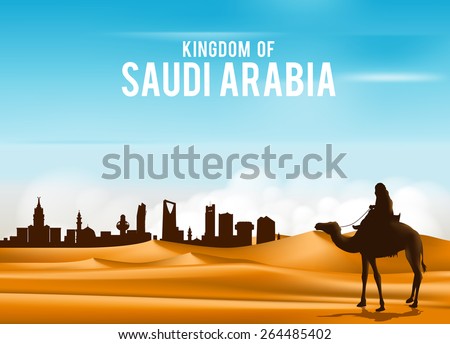 Arab Man Riding in Camel in Wide Desert Sands in Middle East Going to City in Kingdom of Saudi Arabia. Editable Vector Illustration
