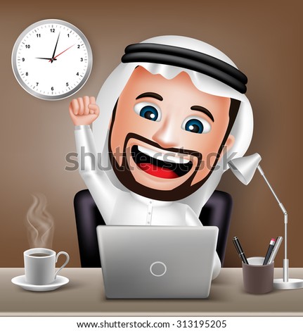 Realistic 3D Arabic Character Working on Business Office Table with Laptop Raising Hand. Vector Illustration