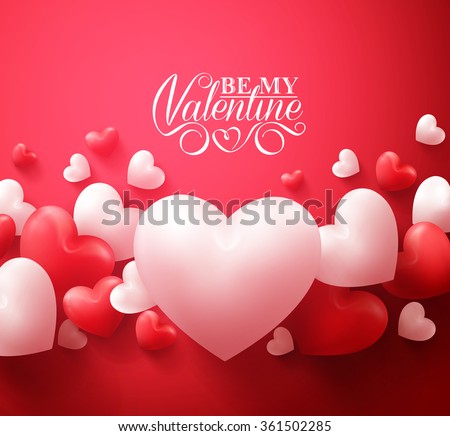 Realistic 3D Colorful Red and White Romantic Valentine Hearts Background Floating with Happy Valentines Day Greetings. Vector Illustration