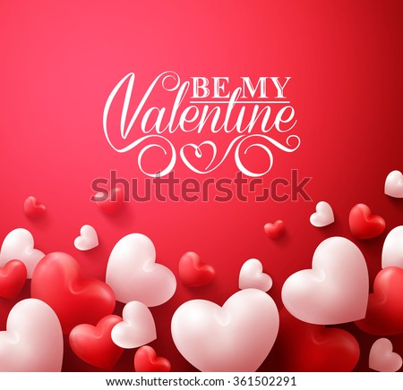 Realistic 3D Colorful Romantic Valentine Hearts in Red Background Floating with Happy Valentines Day Greetings. Vector Illustration