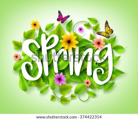 Spring Title Text with Vector Green Leaves in the Background with Colorful Flowers and Butterflies Decoration for Spring Season. 3D Realistic Vector Illustration