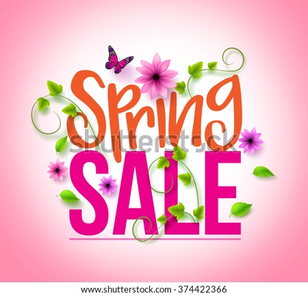 Spring Sale Design with Colorful Flowers, Vines and Leaves with Flying Butterflies in Background for Spring Seasonal Promotion. Vector Illustration