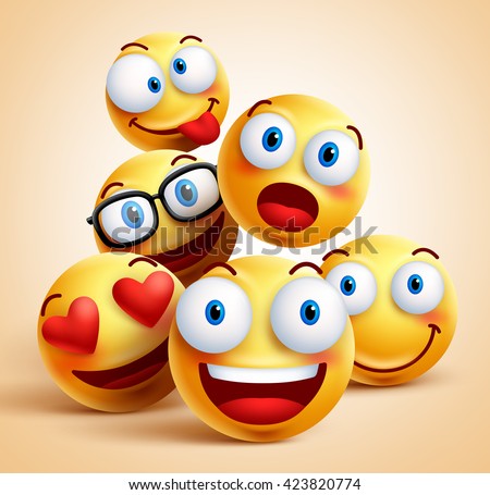 Smiley faces group of vector emoticon characters with funny facial expressions. 3D realistic vector illustration