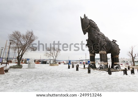Canakkale, Turkey - January 01, 2015 - The wooden horse used at the movie of Troy. It was given to the city of Canakkale as a present in 2004.