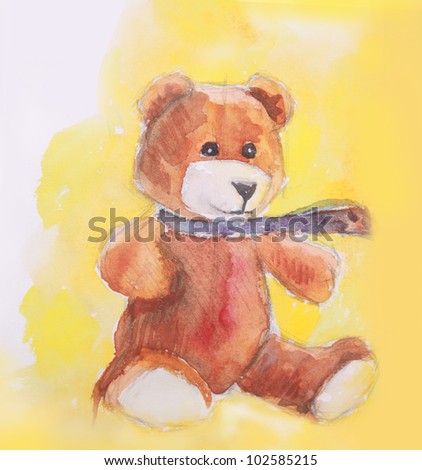 bear figure in watercolor over pencil drawing