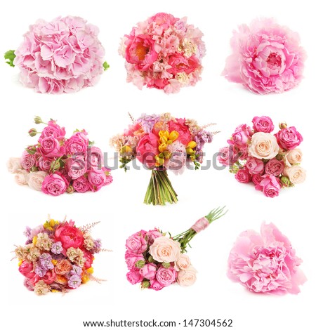 set of pink flowers and bouquets