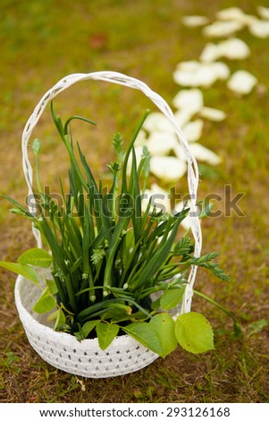 Basket with grass as part of the decor in the outgoing marriage registration