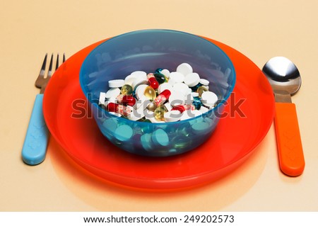 different multicolored pills on a plate with a fork and spoon on a beige background