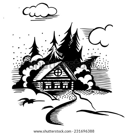 Winter landscape. The cabin, trees and snow. Monochrome drawing.