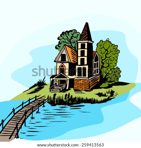 Landscape - house by the river. Wooden bridge. Color drawing.