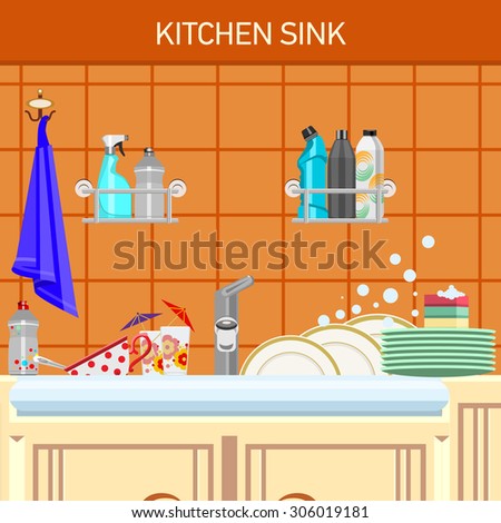Kitchen sink and dirty dishes. On a wall shelf with a detergent.