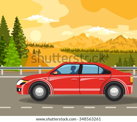 Summer landscape. Sunset, green trees and cars on the road.