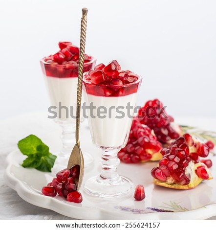 pannacotta  with pomegranate jelly and served pomegranate seeds and mint on a white background. selective Focus