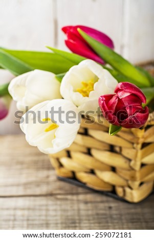 Tulip flowers in basket on a light wooden background
