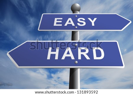 Easy Hard road directional sign with a wispy cloud background