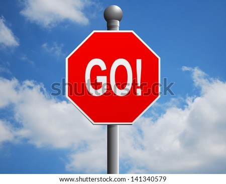 Illustration of a stop sign with the word go o it against a cloudy sky