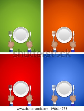 Hands holding fork and knife with plate ideal for sign or advertising