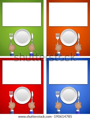 Hands holding fork and knife with plate ideal for sign or advertising