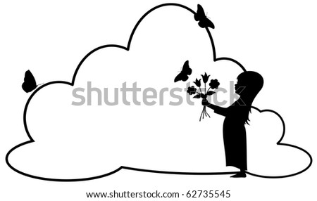 stock vector : silhouette of a bare foot girl with long hair holding flowers 