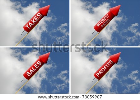 4 views of a rocket firework wit a cloud sky background and Taxes, Interest Rates, Sales and Profits written on it.  Ideal for business and marketing materials