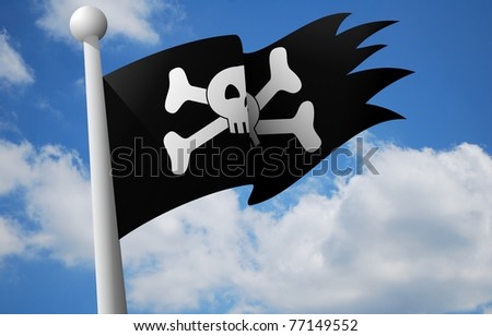 Illustration of a skull and cross bones pirate flag blowing in the wind