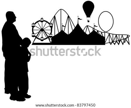 Father and son looking at the circus at night as a silhouette.  Could be used for a carnival signs