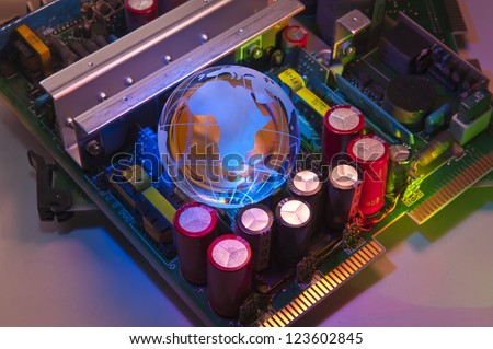 electronic printed circuit board with technology style against fiber optic background