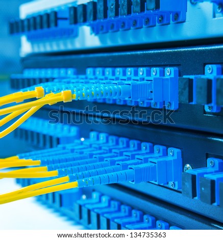 server with fiber optic cables in data center
