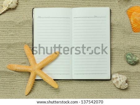 starfish and shells with frame on the beach, vacation memories