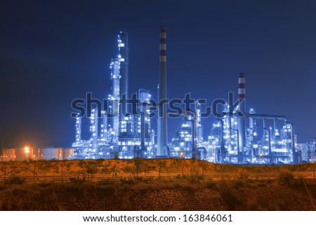 Refinery Industrial Plant With Industry Boiler At Night