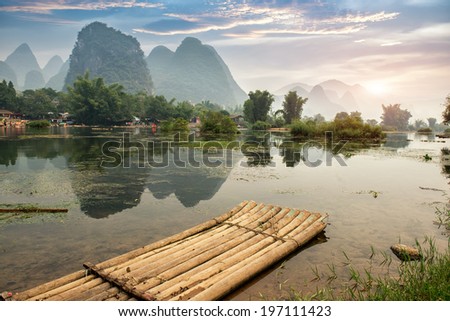 Bamboo rafting on river, Yangshou, China