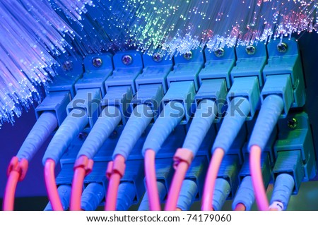 fiber optical network cable   and servers in a technology data center