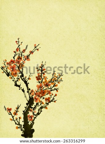 Traditional chinese painting Spring plum blossom on Old  vintage paper background