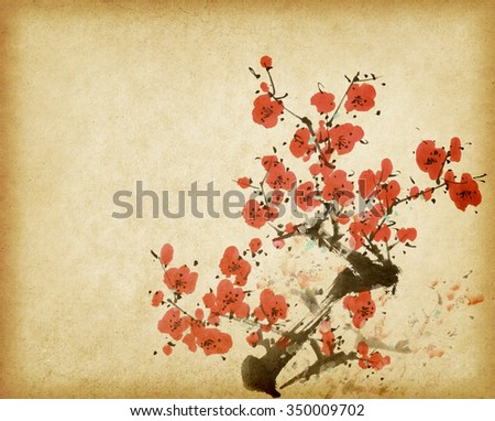 Traditional chinese painting Spring plum blossom on Old vintage paper background