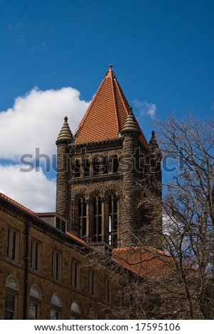 Color photograph of the mathematics historic building that looks like a castle Hall at the University of Illinois in Champaign-Urbana, Illinois.