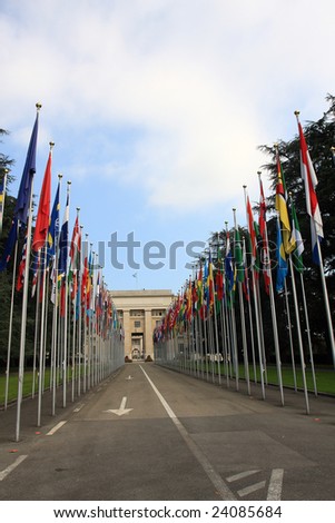 multi country flag in front of united nation, multiple culture
