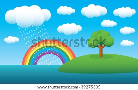 tree on island, clouds, summer rain and rainbow