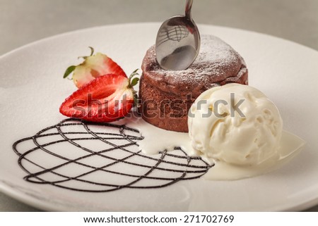 Lava cake: An delicious lava cake with ice-cream and strawberry  Location:at Rawan Cake in Amman Jordan