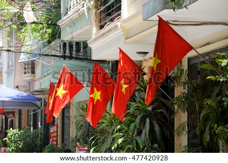 Hanoi, Vietnam: Life in Vietnam- Hanoi,Flags in Hanoi\'s Old Quarter celebrate the Independence Day of Vietnam (September 2 annually). Hanoi on September 1, 2016.