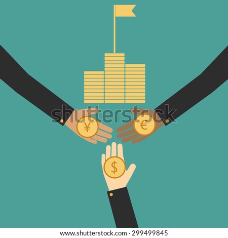 Money in hands. Business growing money concept. Plant growing on the pile of money. Concept of global trade. Vector illustration