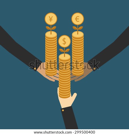 International Business. Money in hands. Business growing money concept. Plant growing on the pile of money. Concept of global trade. Vector illustration