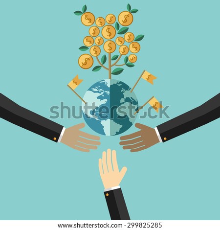 International Business. Business growing money concept. Plant growing on the pile of money. Concept of global trade. Vector illustration