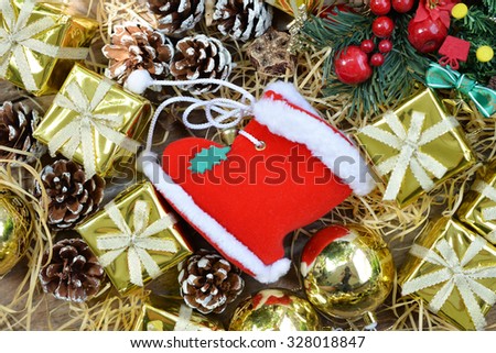 Set of Merry christmas on wooden background. Gifts from Santa Claus