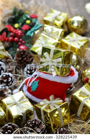 Set of Merry christmas on wooden background. Gifts from Santa Claus