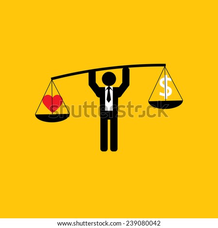 heart and money icon: businessman carry  heart more than money: business concept on yellow background vector